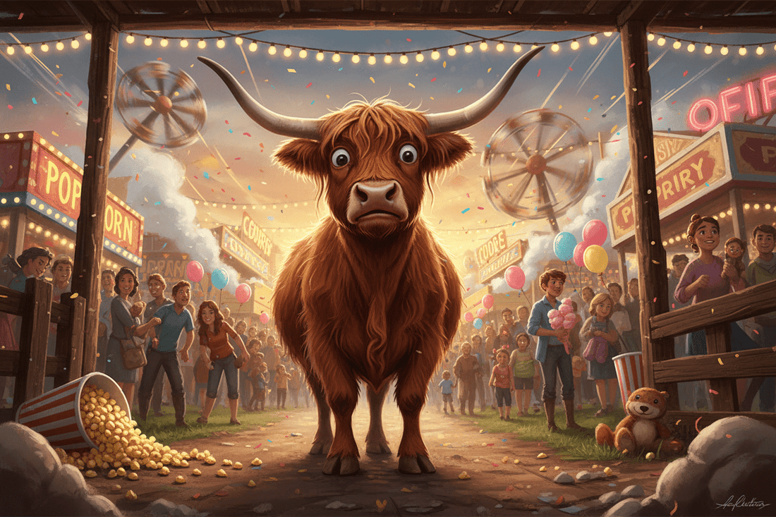 Arrival at the Fairgrounds  (A professionally overwhelmed statement from a Highland cow experiencing sensory escalation) - HomesteadHoboz
