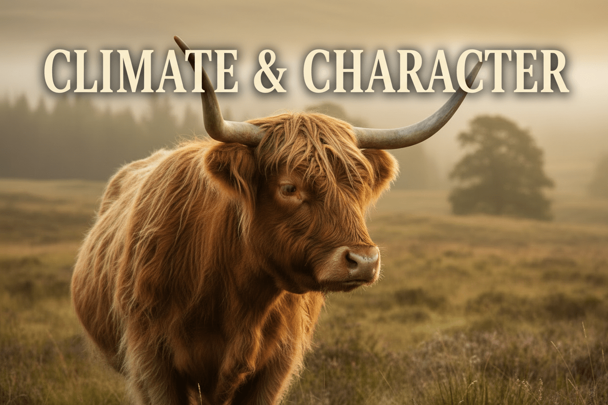 Climate & Character (A contemplative but still superior statement from a Highland cow in his thinking era.) - HomesteadHoboz