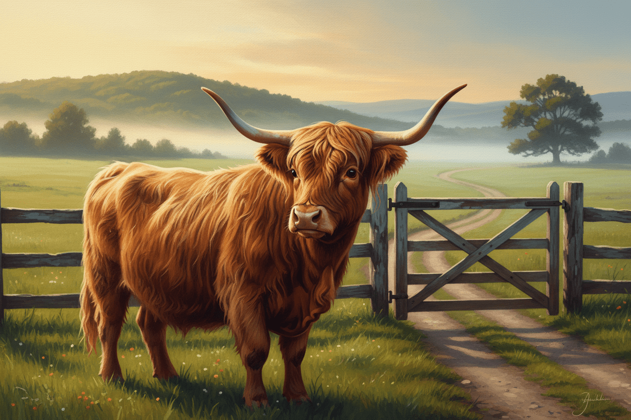 Departure Morning  (A highly emotional but professionally controlled statement from a Highland cow leaving the pasture for the county fair) - HomesteadHoboz