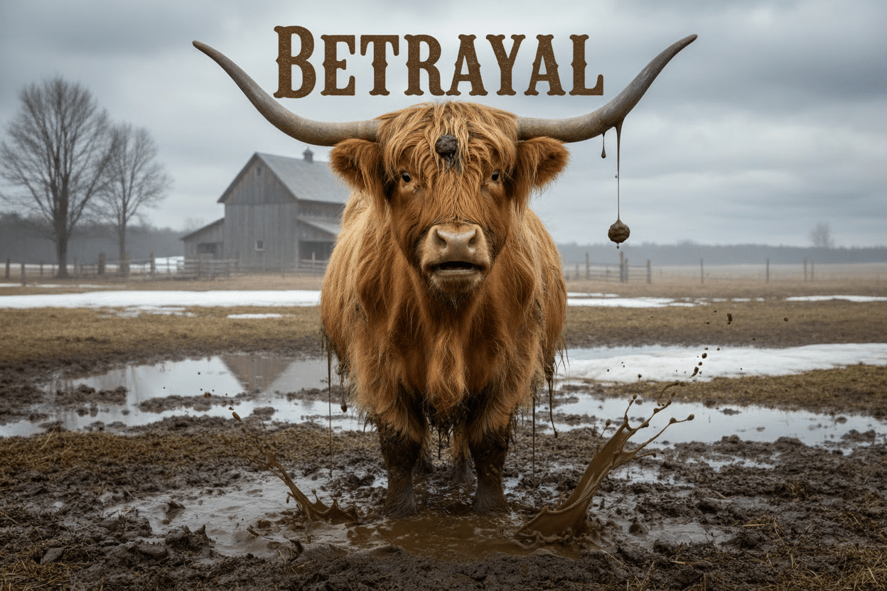 Mud Season: An Unexpected Villain (A defensive statement from a Highland cow betrayed by the ground itself.) - HomesteadHoboz