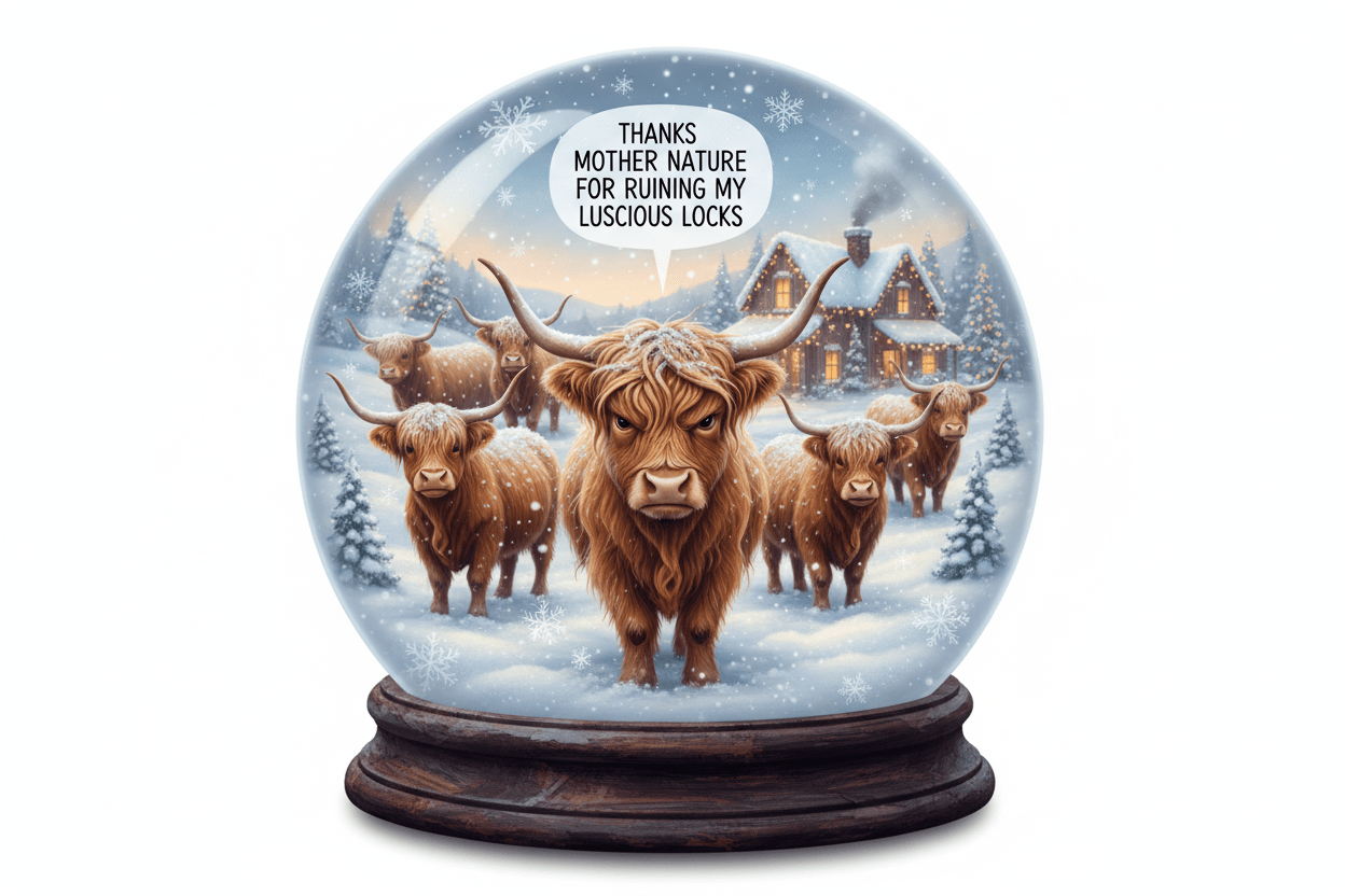 Snow Problems: My luscious locks are covered in snow (A very serious statement from a very angry Highland cow.) - HomesteadHoboz