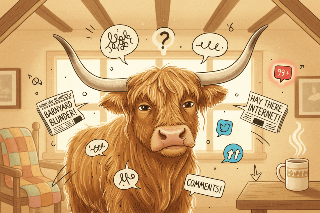 The Article Drops  (A deeply uncomfortable but secretly pleased statement from a Highland cow becoming publicly discussed) - HomesteadHoboz