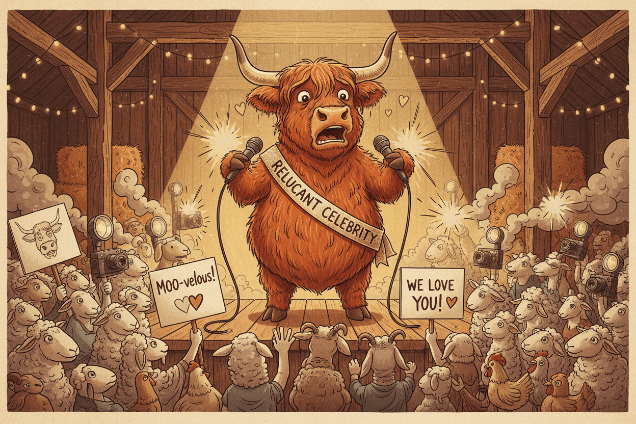 The Fan Club Problem  (A increasingly overwhelmed statement from a Highland cow experiencing uncontrolled public enthusiasm.) - HomesteadHoboz