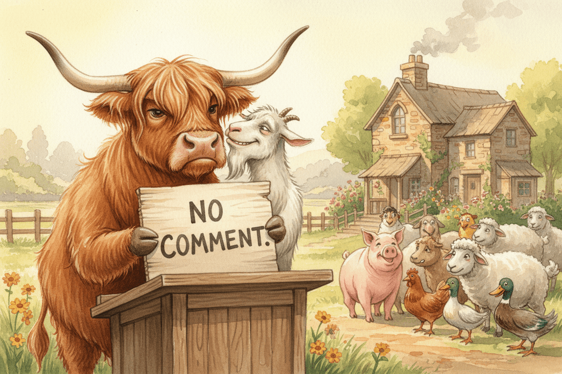 The Goat Starts A Rumor: An official denial from a Highland cow who would like everyone to stop discussing his personal life before breakfast! - HomesteadHoboz