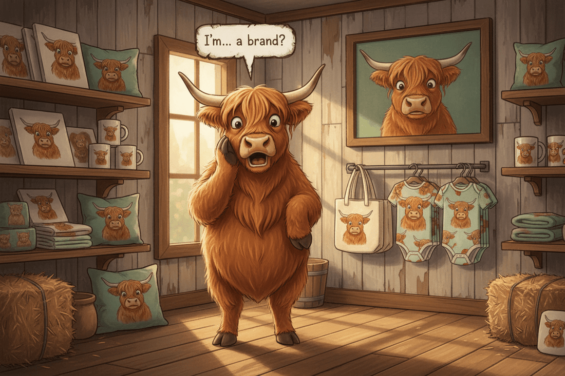 The Merchandise Incident  (A horrified but slightly flattered statement from a Highland cow discovering capitalism) - HomesteadHoboz