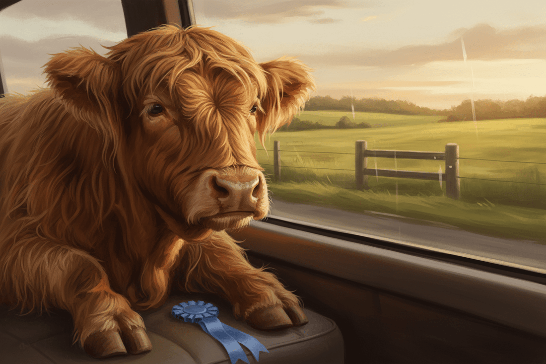 The Ride Home  (A emotionally processed but physically exhausted statement from a Highland cow returning to the pasture after public recognition) - HomesteadHoboz