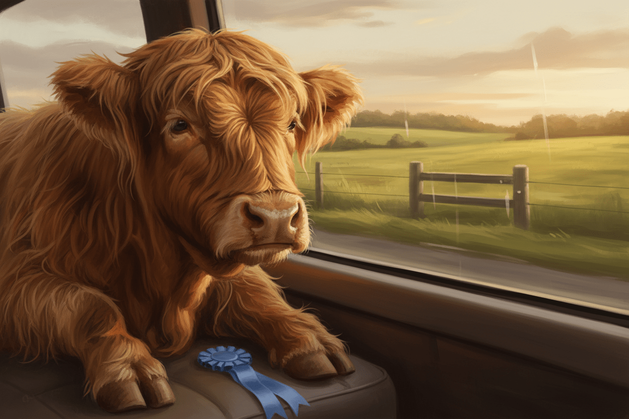 The Ride Home  (A emotionally processed but physically exhausted statement from a Highland cow returning to the pasture after public recognition) - HomesteadHoboz