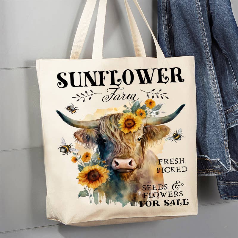 Highland Cow Sunflower Farm Canvas Tote Bag