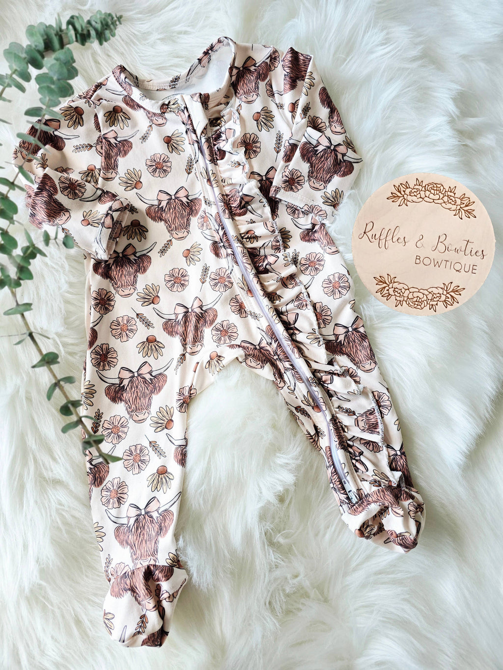 Baby Girls Sleeper Jumpsuit - Highland Floral Cow Western : 0-3M