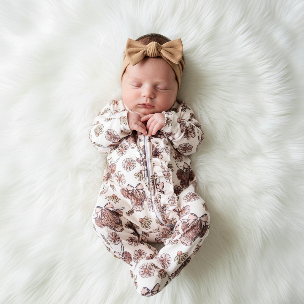 Baby Girls Sleeper Jumpsuit - Highland Floral Cow Western : 0-3M