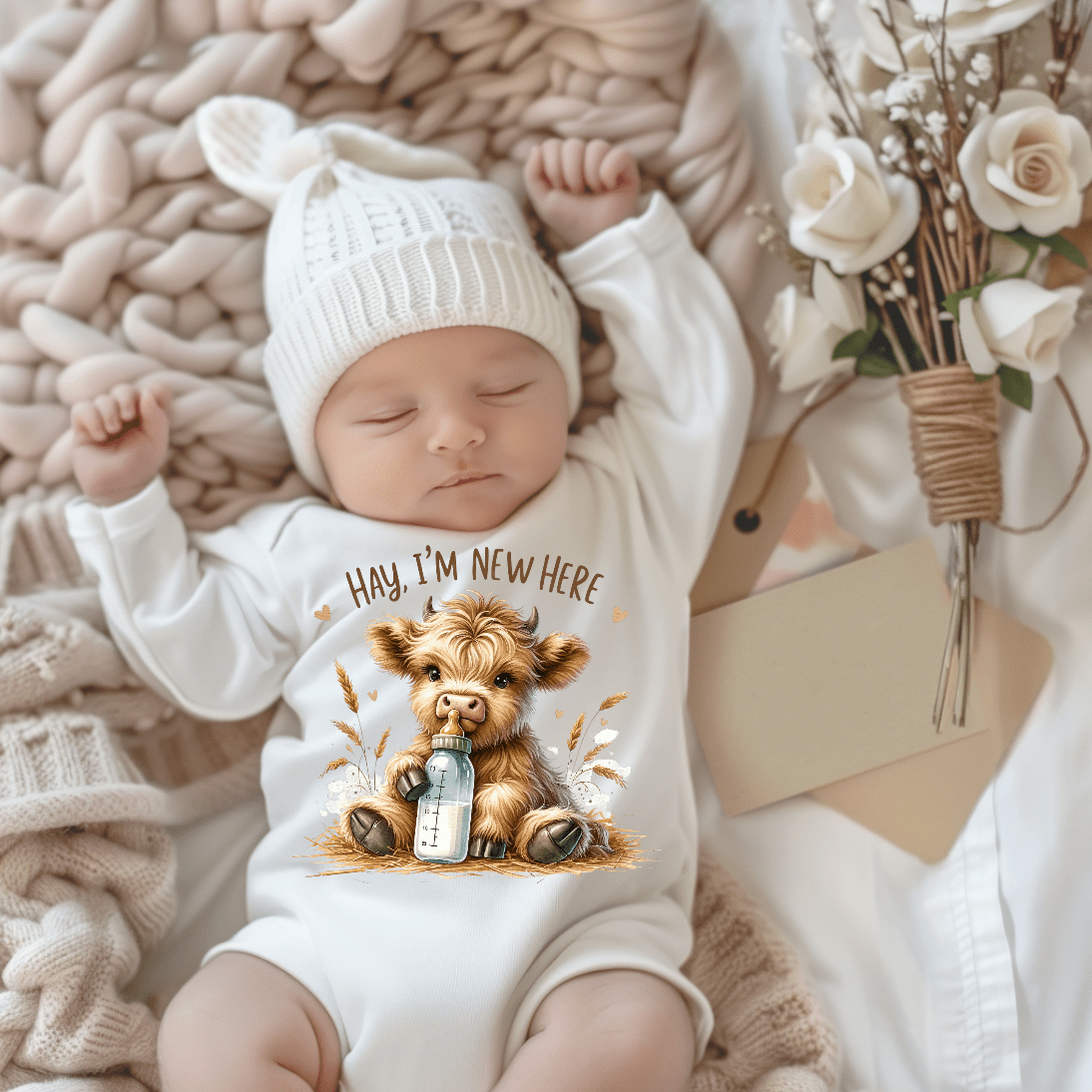 Hay I'm New Here Cow Baby Bodysuit, Cute Highland Heifer - HomesteadHoboz