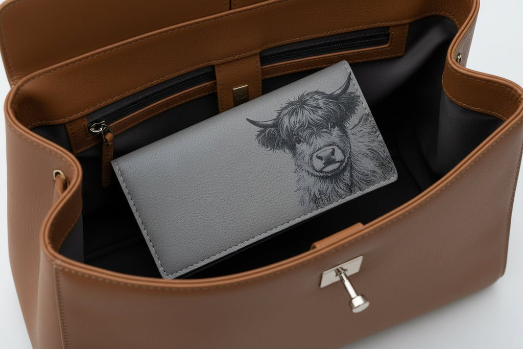 Highland Cow Minimalist Wallet, Bills, and Receipt holder Comes in 4 Neutral Colors. - HomesteadHoboz