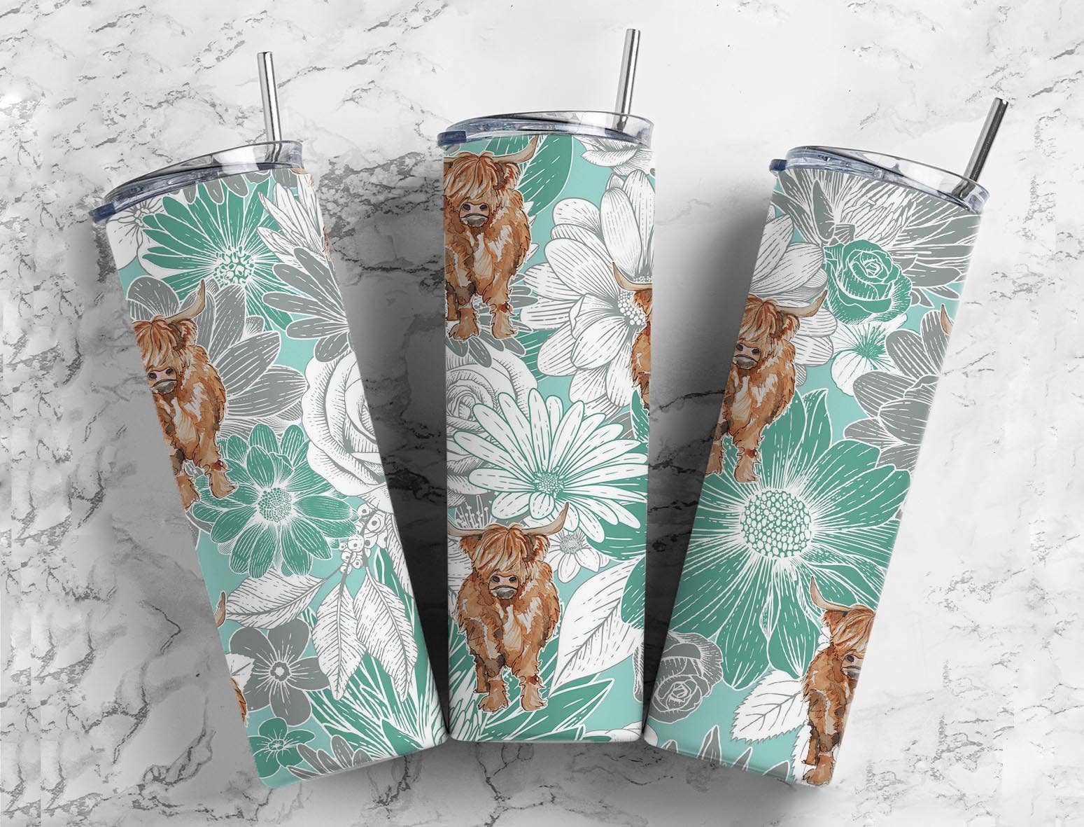Highland Cow Mint/Gray Floral Tumbler - HomesteadHoboz