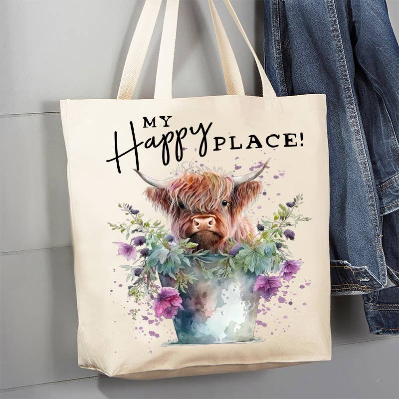 Highland Cow My Happy Place Canvas Tote Bag - HomesteadHoboz