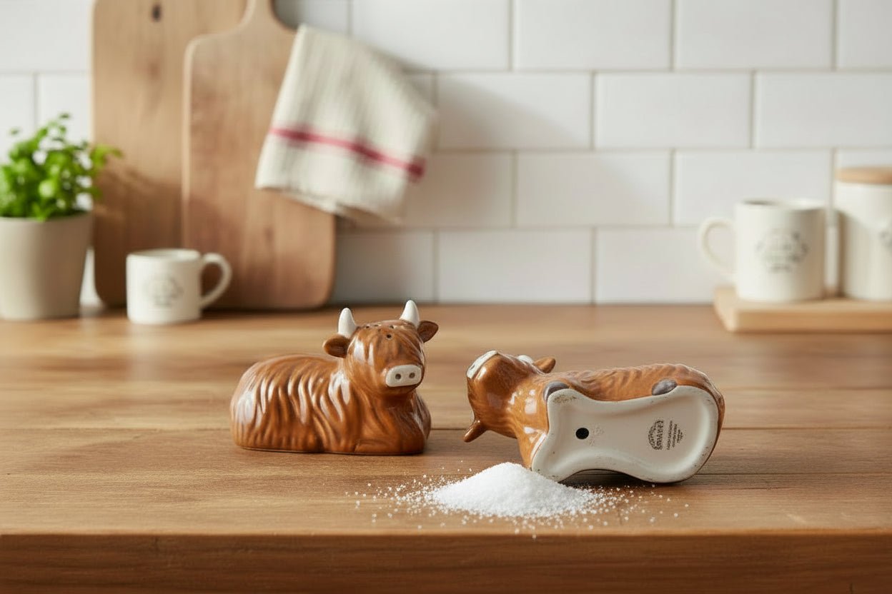 Highland Cow Salt & Pepper Shakers - Ceramic Farmhouse Kitchen Gift Set - HomesteadHoboz