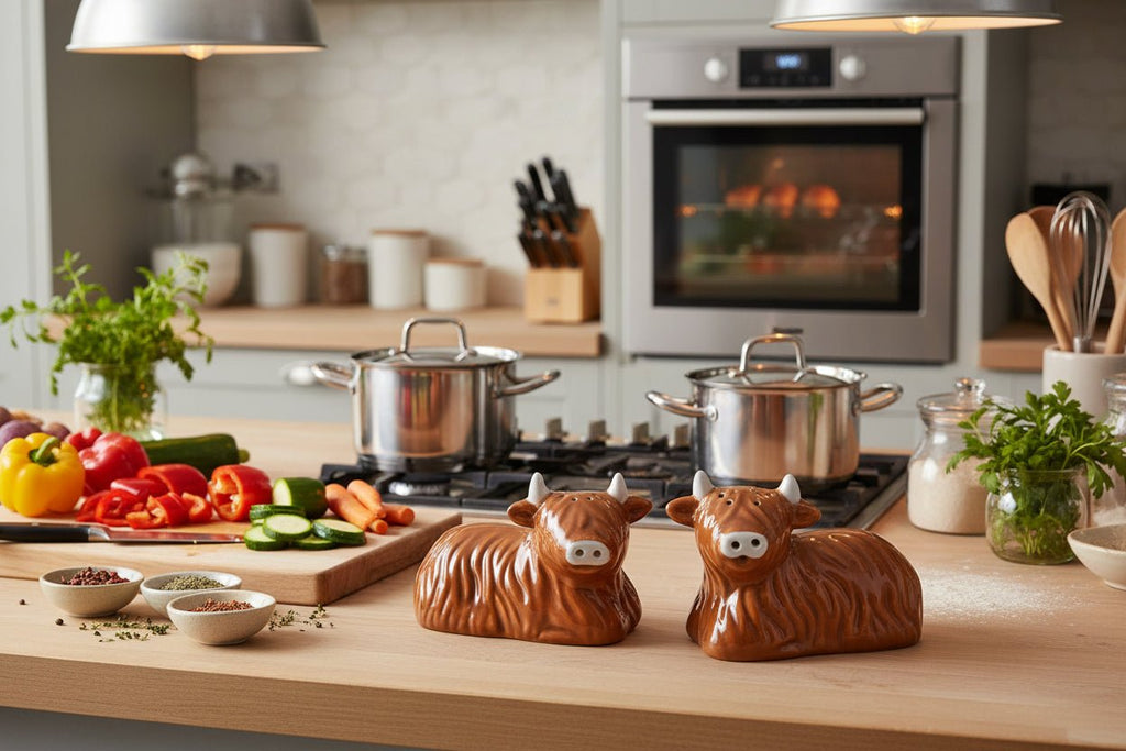 Highland Cow Salt & Pepper Shakers - Ceramic Farmhouse Kitchen Gift Set - HomesteadHoboz