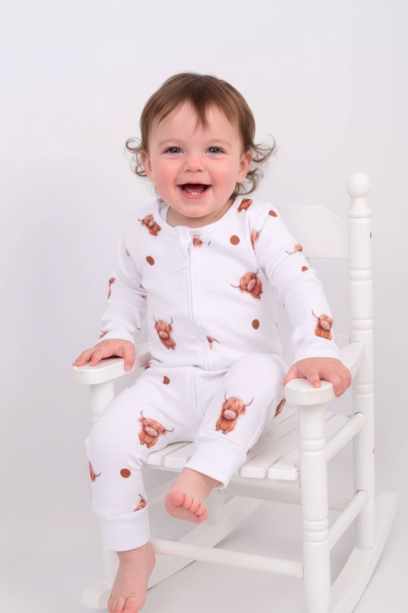 Adorable Highland Cow Baby Sleepsuit: 12-18 Months - HomesteadHoboz