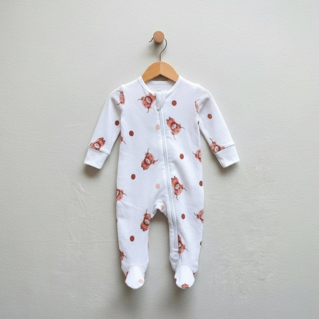 Adorable Highland Cow Baby Sleepsuit: 12-18 Months - HomesteadHoboz