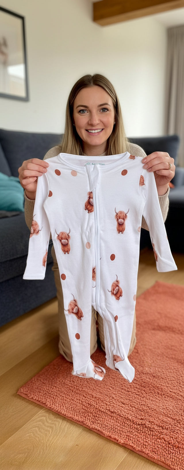 Adorable Highland Cow Baby Sleepsuit: 12-18 Months - HomesteadHoboz