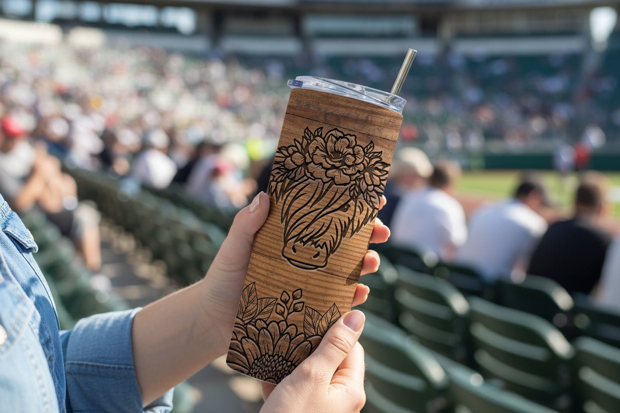 Highland Cow Woodgrain Tumbler 20oz 🐮🤎 | Rustic Farmhouse Travel Mug | Insulated Cow Lover Cup | Hot & Cold Drink Cup - HomesteadHoboz