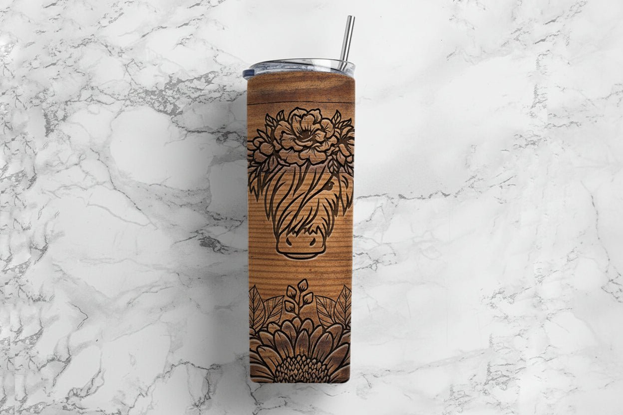 Highland Cow Woodgrain Tumbler 20oz 🐮🤎 | Rustic Farmhouse Travel Mug | Insulated Cow Lover Cup | Hot & Cold Drink Cup - HomesteadHoboz