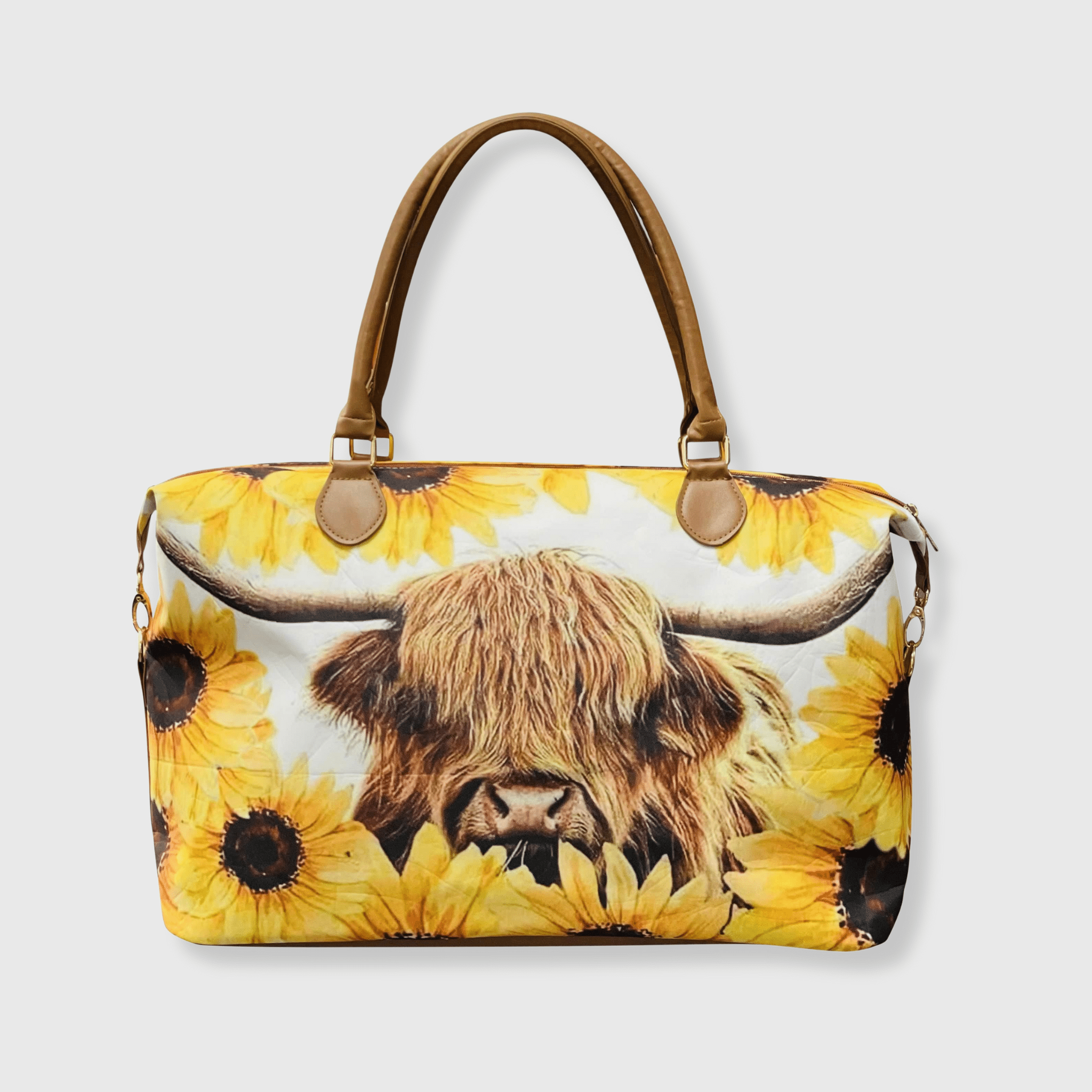 Sunflower Bull Weekender Bag - Rustic Farmhouse Travel Tote with Leather Straps - HomesteadHoboz