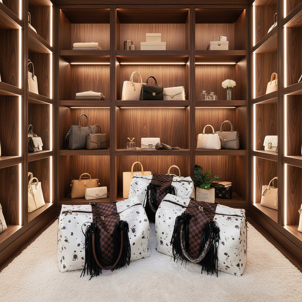 designer closet featuring Plaid Cow Print Splicing Retro Western Weekender Bag ACC739 - HomesteadHoboz