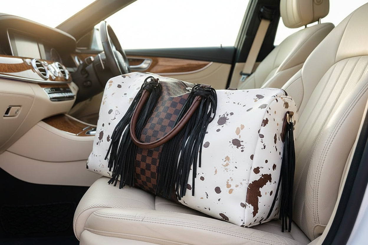 plaid cow prink bag with tassels in a luxury Mercedes
